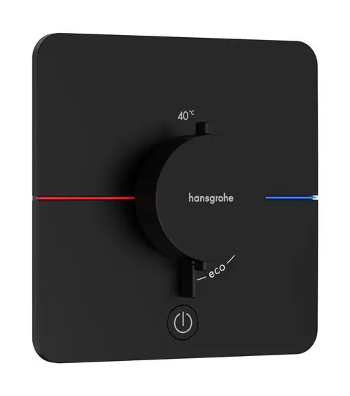 Schwarzes Thermostat von Hansgrohe mit einem Drehregler zur Temperatureinstellung, Hinweis auf 40 °C, ECO-Funktion und einem Ein-/Ausschalter.
